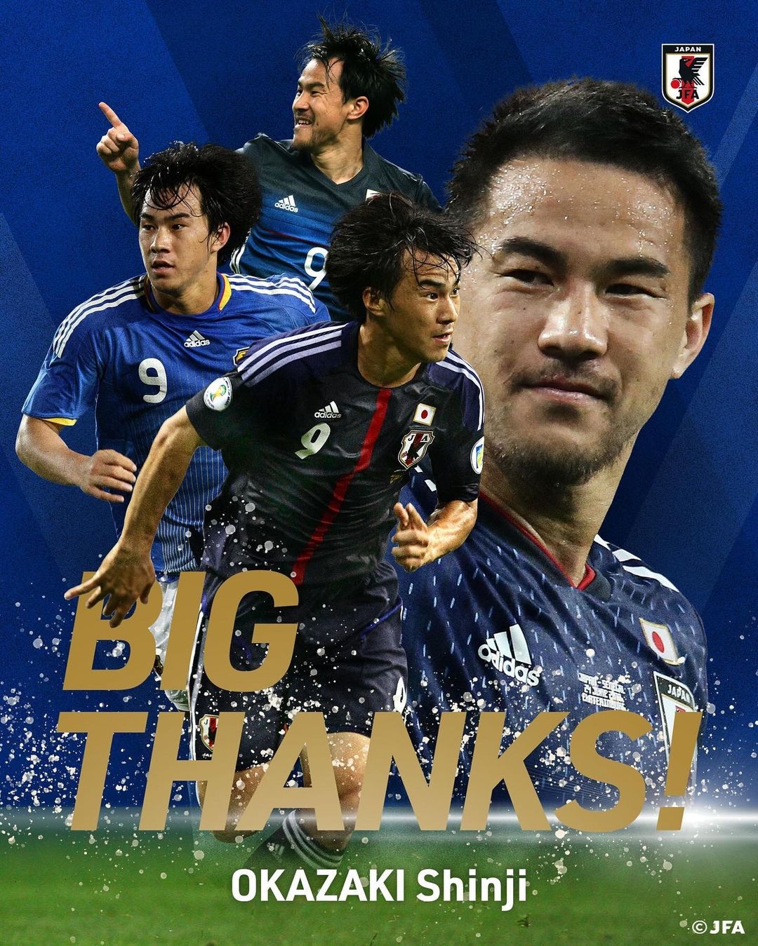 日本足协晒海报致敬冈崎慎司:日本队历史第三射手,感谢你的付出