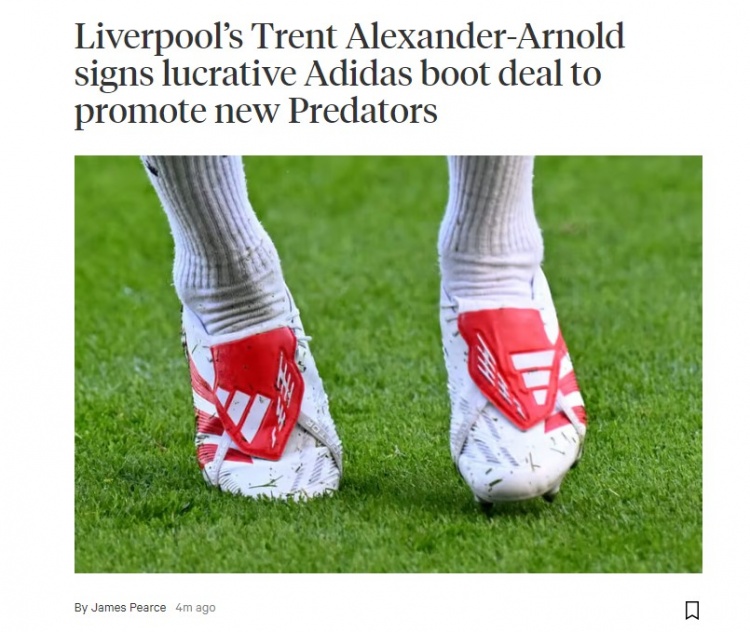 TA：阿諾德與阿迪達斯簽下一份優厚球鞋合同，以推廣新品獵鷹球鞋
