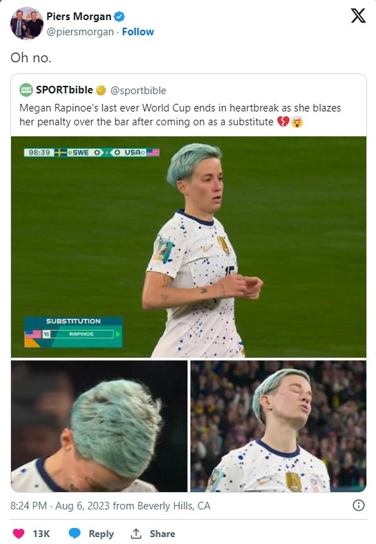美国女足出局，英国名嘴摩根社媒嘲讽拉皮诺埃：Ohno