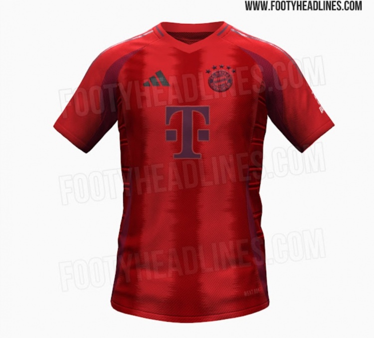 拜仁202425賽季主場球衣曝光，主體經典紅色+栗色條紋