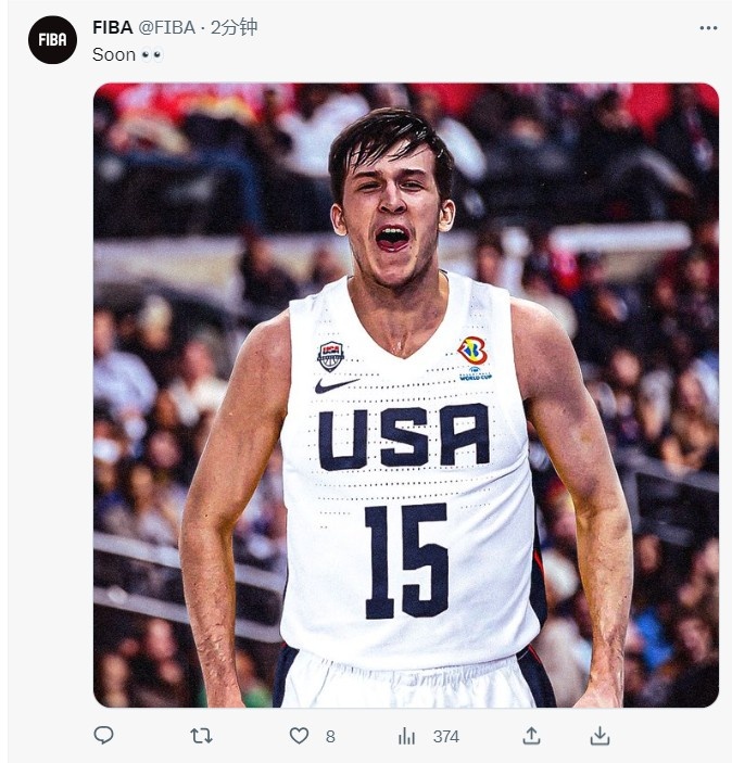 期待吗FIBA官方晒出里夫斯美国男篮15号球衣P图：即将到来