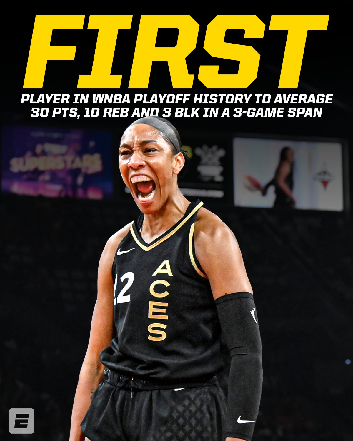 WNBA历史首人！阿贾威尔逊近3场季后赛场均轰下34分11.7板3.3帽