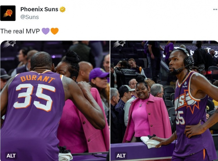 太阳官推晒杜兰特和其母亲合影：真正的MVP