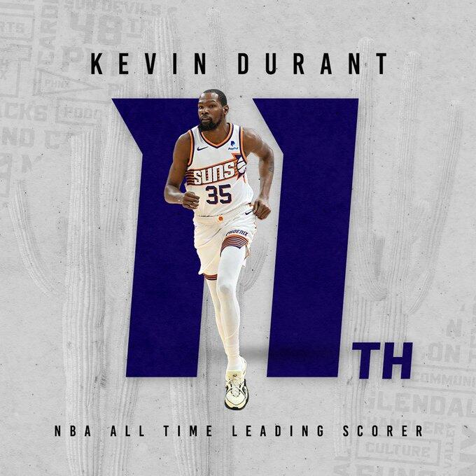 里程碑+1！杜兰特生涯得分超越海耶斯升至NBA历史第11位！