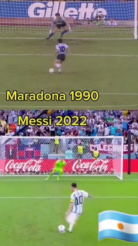 梅西和马拉多纳在世界杯上的罚点球对比，简直一模一样