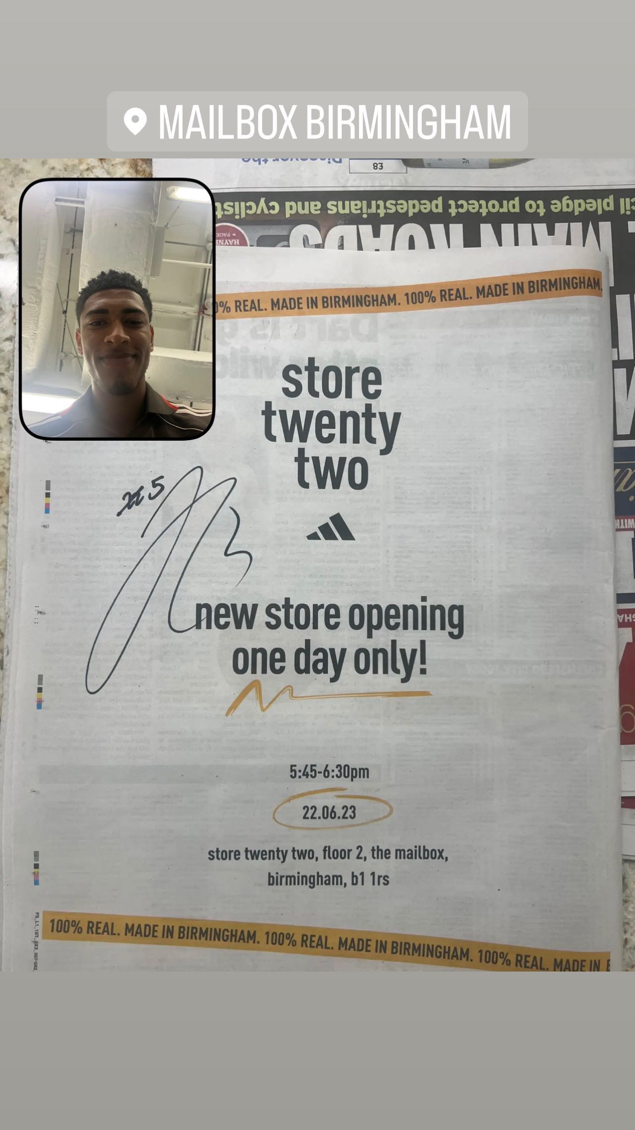 贝林厄姆为家乡伯明翰的阿迪达斯快闪店“剪彩”