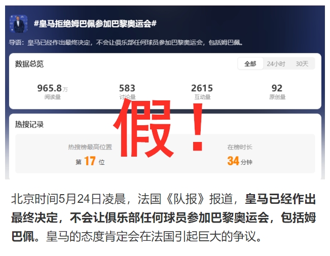 “皇马最终决定不放姆巴佩去奥运”上热搜假法媒无相关报道