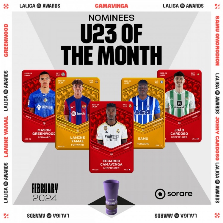 西甲2月最佳U23球员候选：格林伍德、