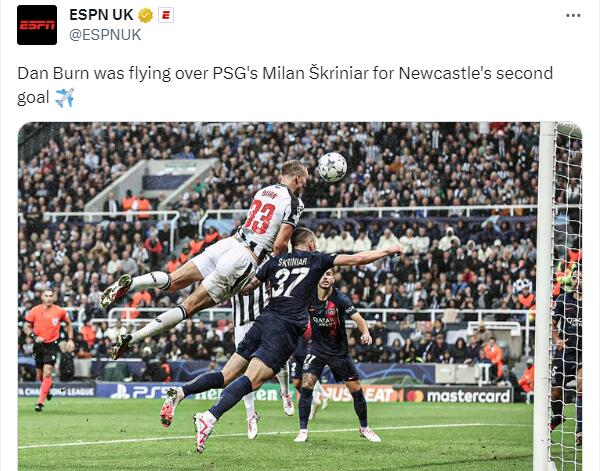 扎心了，ESPN：丹伯恩飞跃什克里尼亚尔头球破门