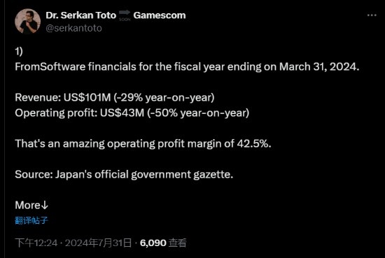 FS社收入较同期下降了29%原因是《艾尔登法环》在22年取得的成功