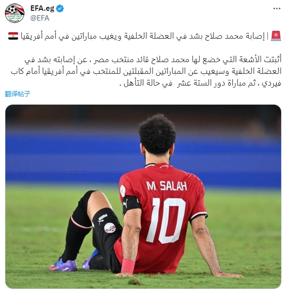 伤缺2场埃及足协官方：萨拉赫背部肌