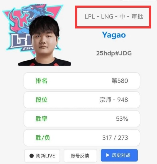 来了OBGG显示LNG.Yagao选手正在审批