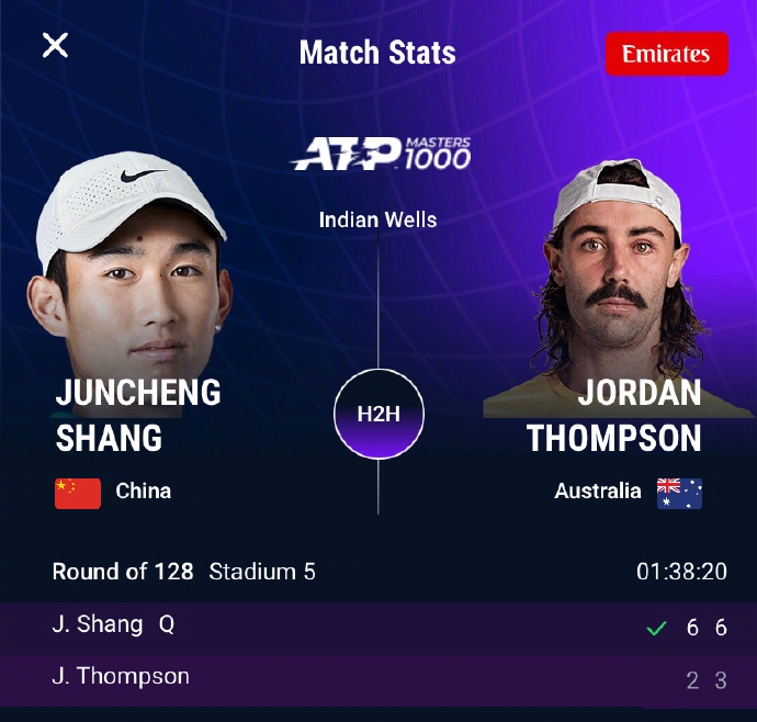 ATP1000大师赛生涯正赛首胜！商竣程2比0汤普森！闯进第二轮