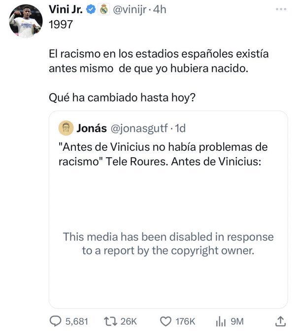 维尼修斯此前转发97年西班牙种族歧视视频，现在视频已被举报下架