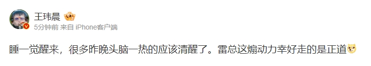 王玮晨：很多昨晚头脑一热的应该清醒了雷总这煽动力幸好走的是正道