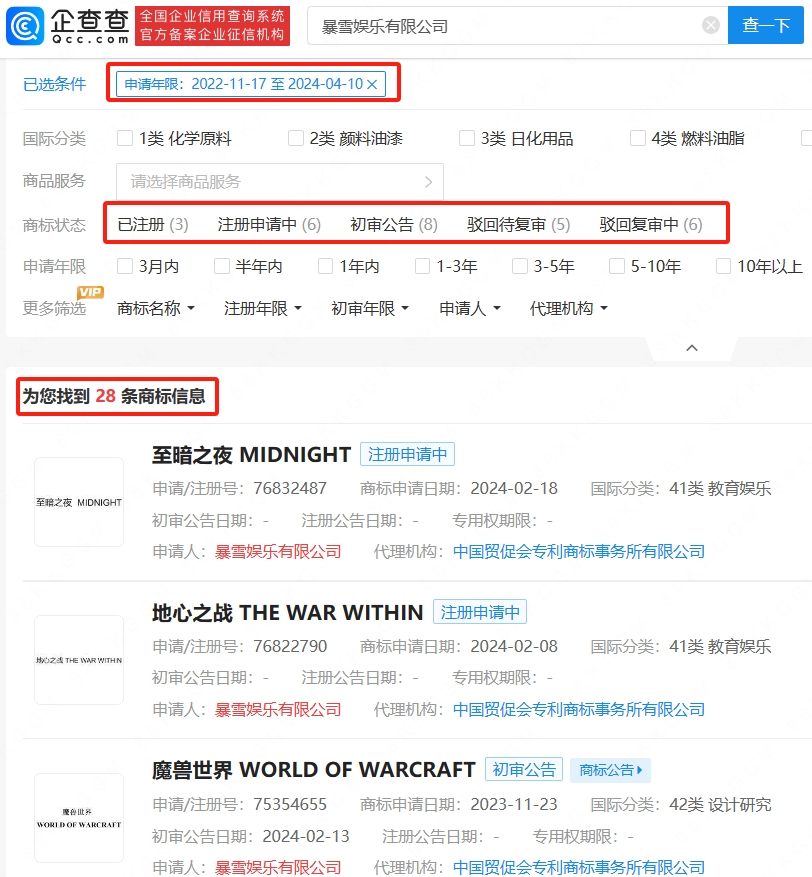 暴雪娱乐有限公司申请注册28枚商标内容涵盖多个旗下热门游戏IP