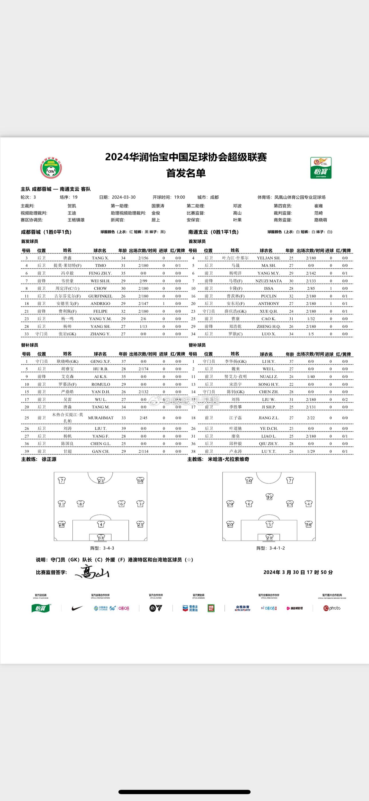 蓉城vs南通首发：4外援PK！韦世豪、费利佩先发，艾克森替补