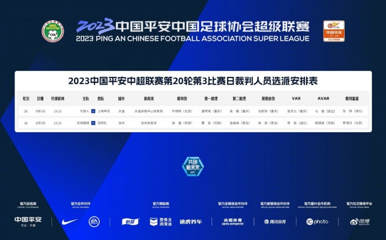 中超今日裁判安排：牛明辉执法大连人vs申花，张雷执法沧州vs深圳