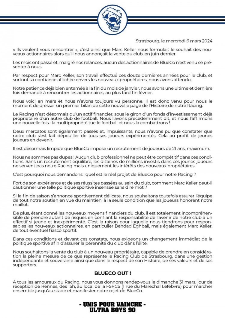 斯特拉斯堡球迷组织要求清湖资本改革，质疑新股东强行U21*策
