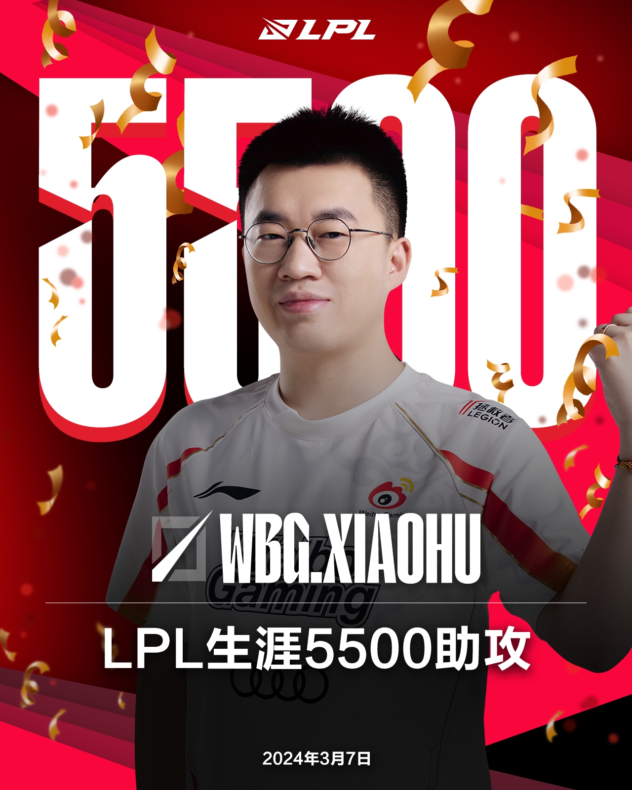 里程碑：Xiaohu达成LPL5500助攻成就