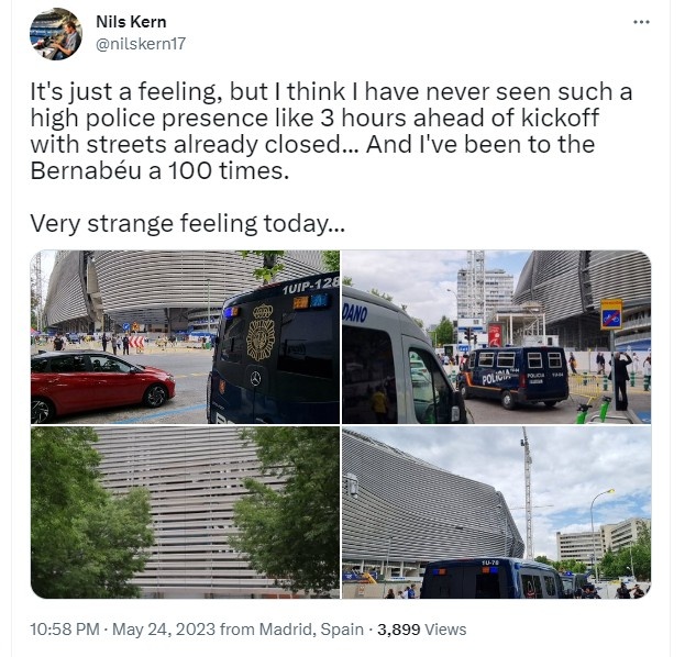伯纳乌外围今天警力大幅增强，开球前3小时附近街道已经关闭
