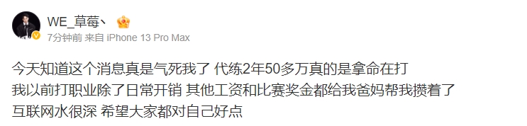 WE.草莓谈“胖猫”一事：代练2年50多万真的是拿命在打