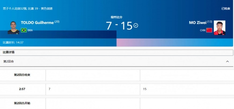 男子花剑116决赛：莫梓维15比7巴西选手，晋级男子花剑16强