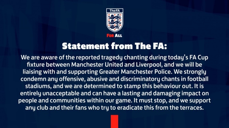 英足總：強烈譴責雙紅會部分球迷的攻擊侮辱歧視口號