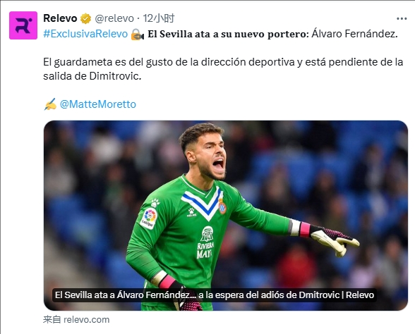 西媒：塞维利亚即将免签26岁西班牙门将阿尔瓦罗费尔南德斯