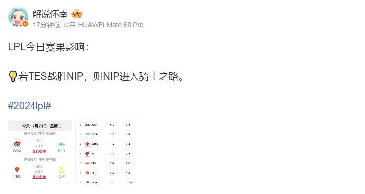解说怀南发布今日赛果影响：若TES战胜NIP，NIP进入骑士之路