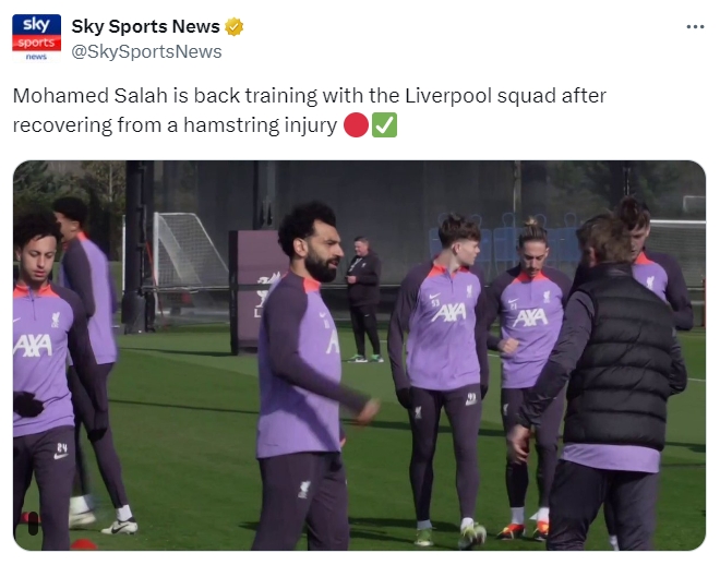 周日迎击曼城天空体育确认：萨拉赫已经回归利物浦团队训练