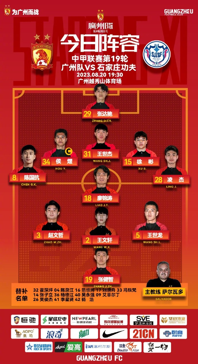 广州队主场迎战石家庄功夫首发阵容