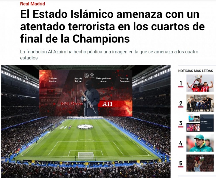 马卡：恐怖组织伊斯兰国公开威胁欧冠球场比赛组织工作暂无变化