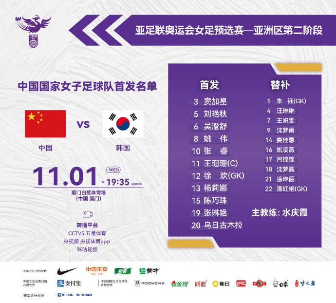 奥预赛中国女足首发阵容公布，一起来为女足姑娘们加油！