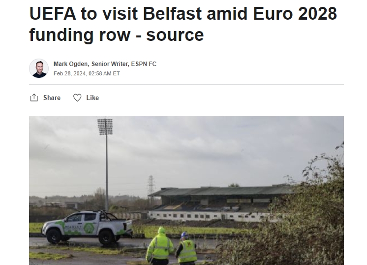 ESPN：2028年欧洲杯球场重建打算弃捐，欧足联到访观光