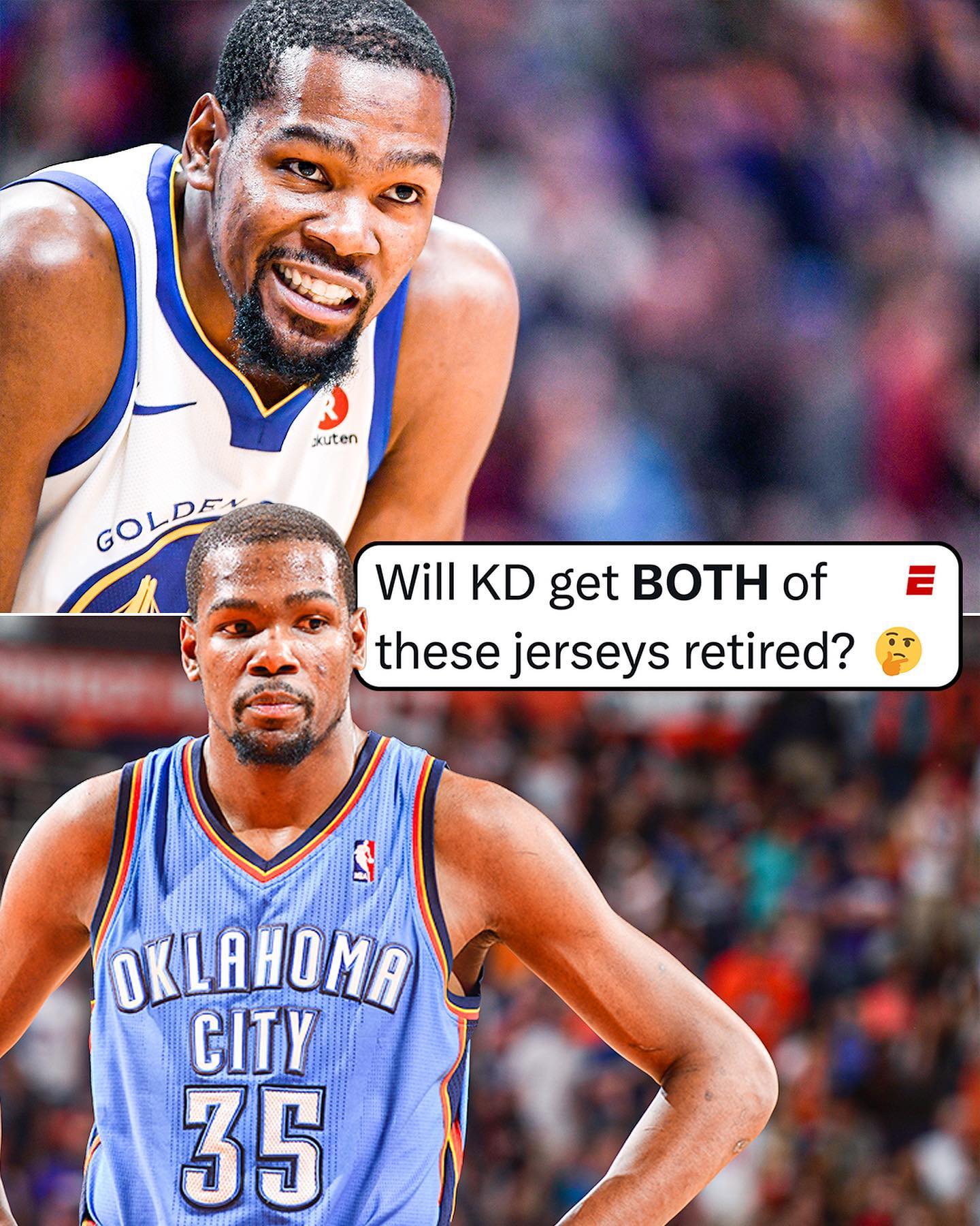 美媒ESPN发问：KD会让雷霆和勇士同时为其退役球衣吗