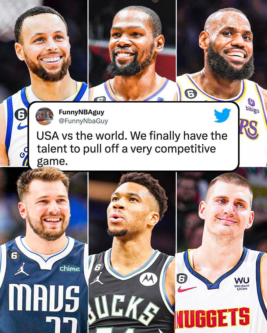 美国队vs世界队！库里+KD+詹姆斯对决77+字母+约基奇你选谁赢