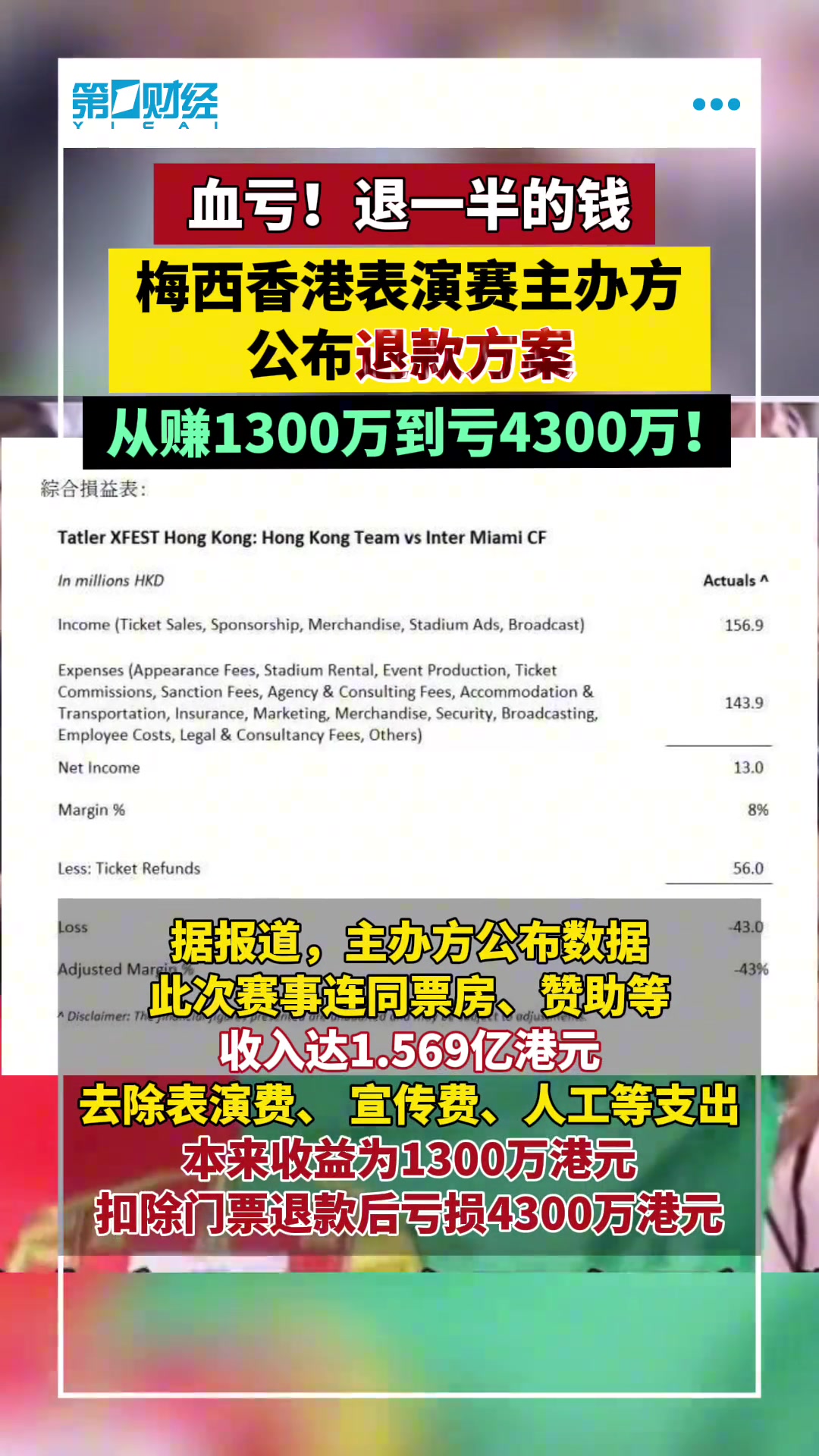 血亏梅西香港行主办方退半票后从赚1300万到亏4300万