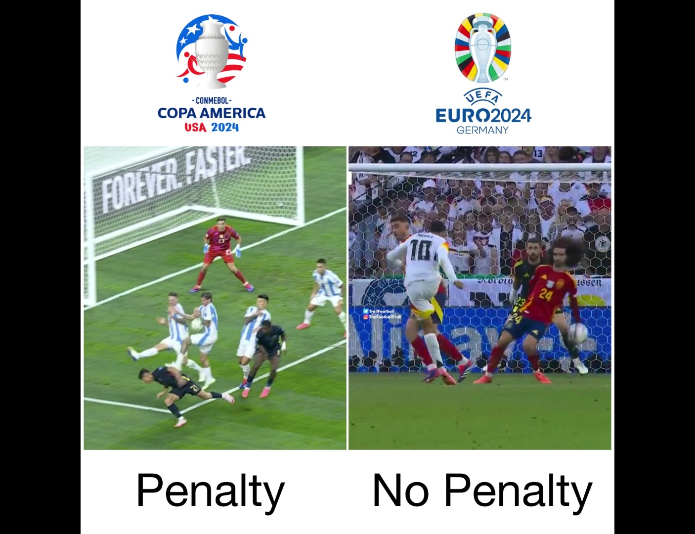 国外博主对比欧洲杯和美洲杯的判罚区别：德保罗手球给点和库库手球不给点