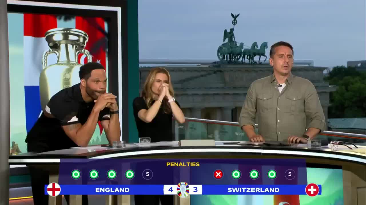 英国ITV演播室嘉宾们观看点球大战时的反应