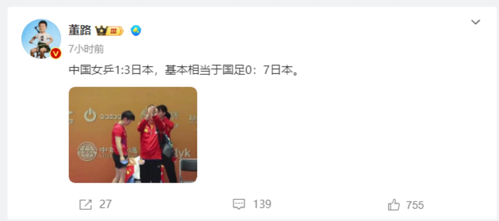 认同吗董路：中国女乒13日本，基本相当于国足07日本