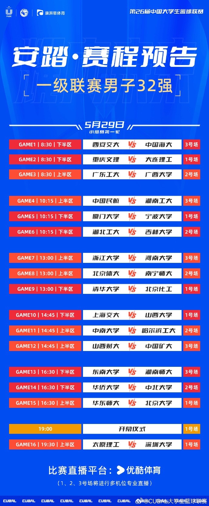 CUBAL明日全国大赛赛程：太理VS深大中南VS哈工大