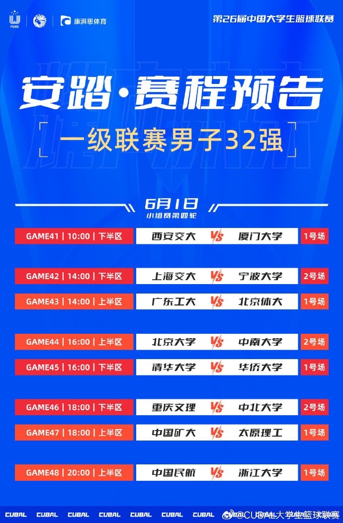 CUBAL明日赛程：广东工大对阵北京体大清华大学对阵华侨大学