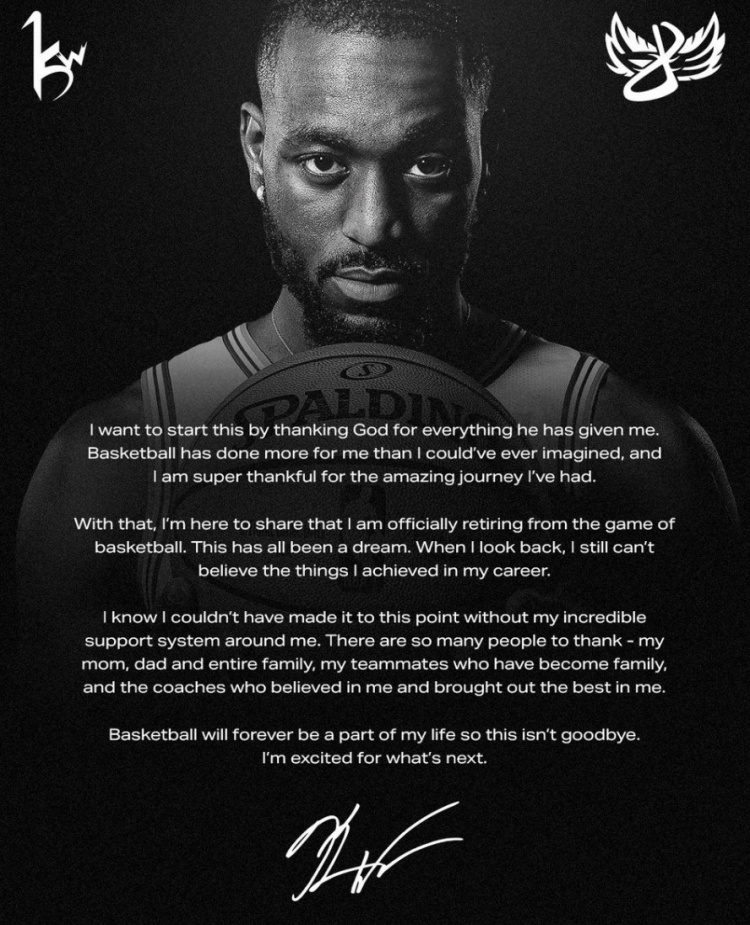 肯巴沃克退役信：篮球永远是我生命一部分所以这并不是在说再见
