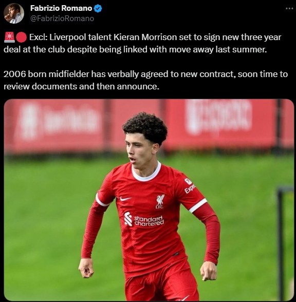 罗马诺：利物浦与17岁青训天才莫里森达成口头协议，续约3年
