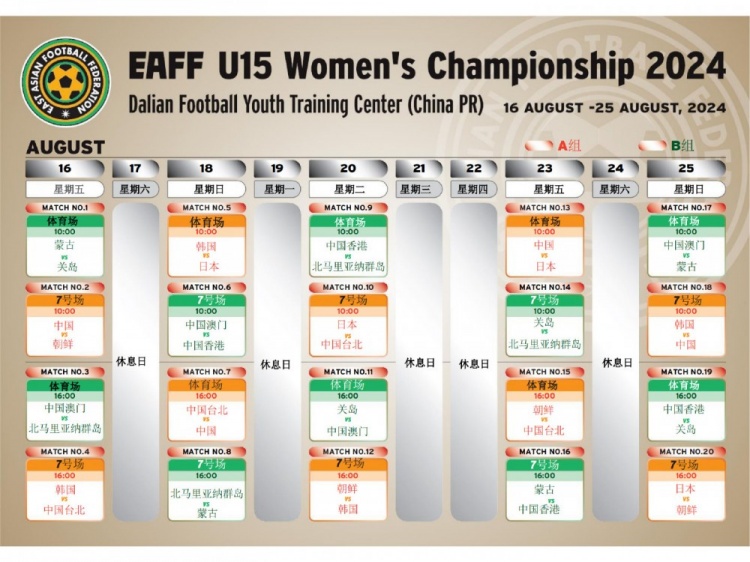 首届东亚U15女足锦标赛8月16日25日