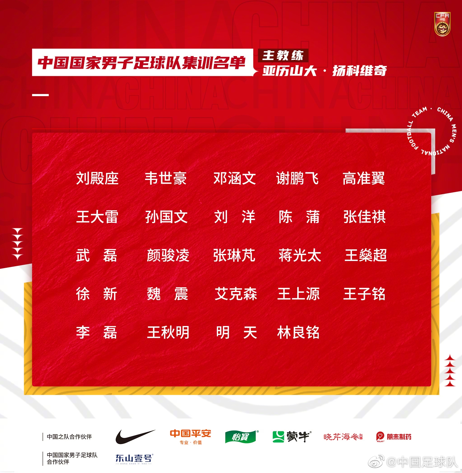 国足新一期名单：武磊、艾克森、韦世豪、蒋光太入选