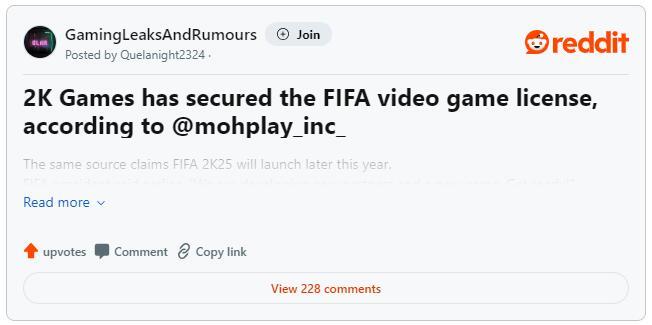 曝2K将开发《FIFA》新作：《FIFA2K25》或今年发售