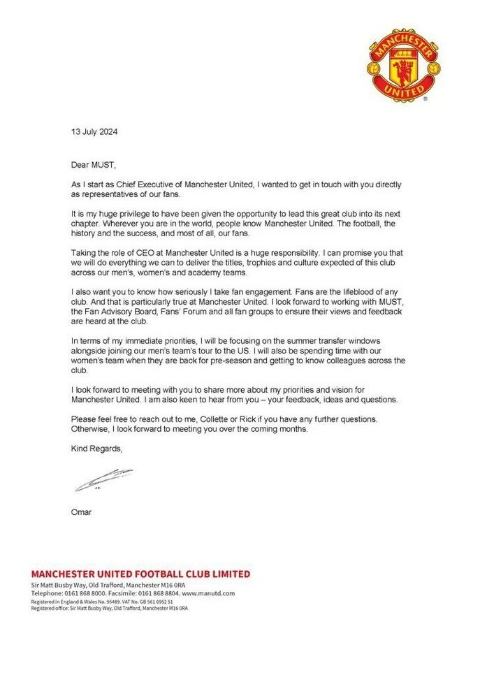 曼联CEO贝拉达致信球迷：很荣幸带领这家伟大俱乐部进入新篇章