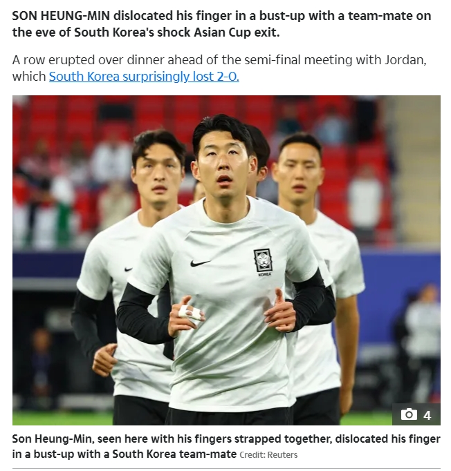 内讧太阳报：韩国亚洲杯出局前，孙兴慜与队友冲突手指脱臼